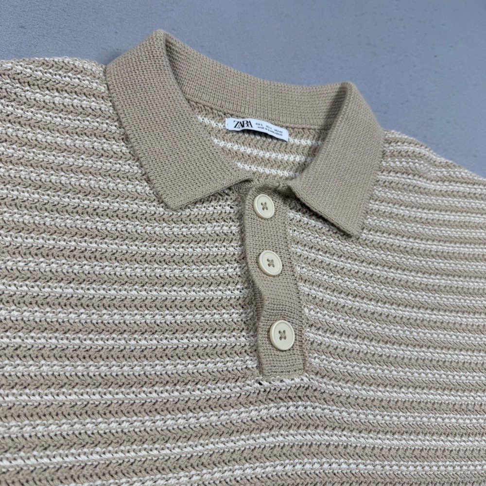 Zara Mens Beige White Textured Knit Short Sleeve Polo Shirt Large